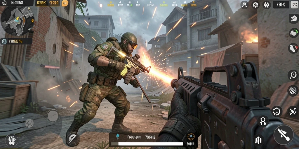 Screenshot utama 73K menampilkan aksi intens dalam pertempuran FPS.