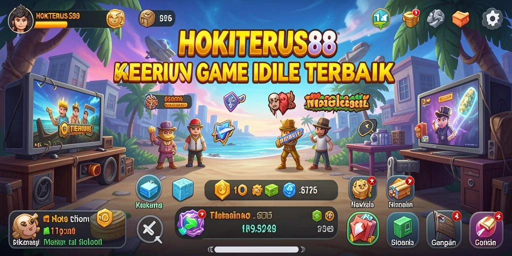 Tampilan gameplay <strong>HOKITERUS88</strong> yang menampilkan karakter mengumpulkan sumber daya secara otomatis.