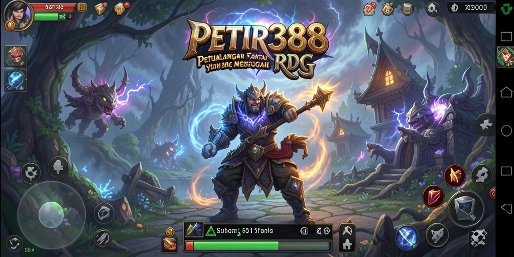 Tangkapan layar utama PETIR388 menampilkan aksi pertarungan epik dalam dunia RPG.