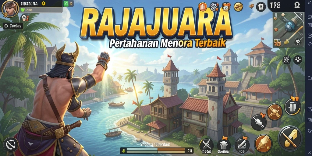 Screenshot utama menunjukkan pertempuran menegangkan di <strong>RAJAJUARA</strong> saat mempertahankan menara.