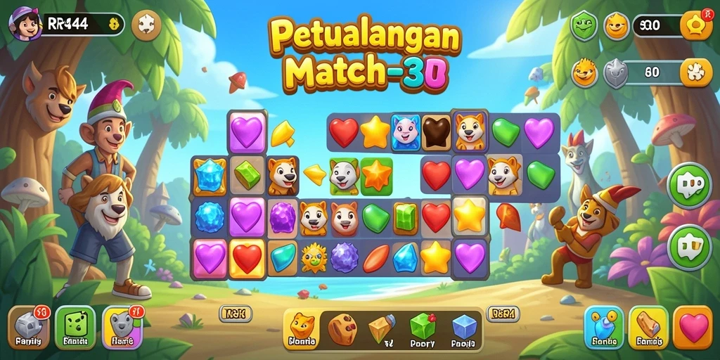 Screenshot game RR44 menunjukkan aksi seru mencocokkan item Match-3.